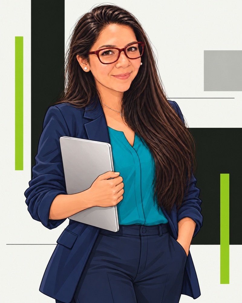 Ilustración de Meyling Chang, con lentes color vino y blazer azul, sosteniendo su laptop
