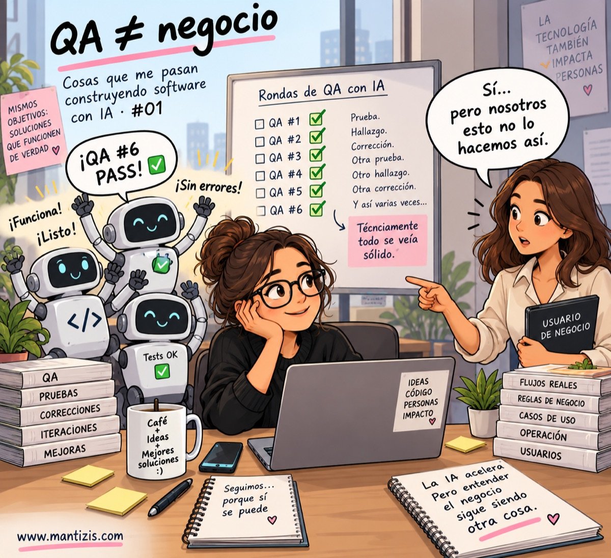 Ilustración: robots celebran «QA #6 PASS» mientras una usuaria de negocio señala «Sí… pero nosotros esto no lo hacemos así».