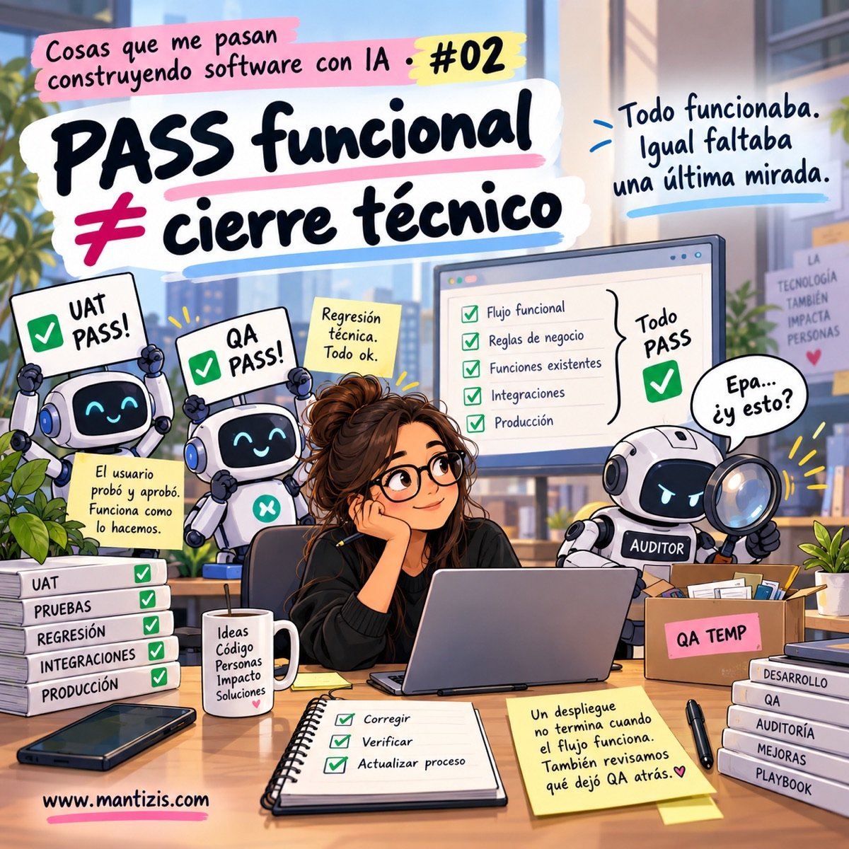 Ilustración: robots con carteles «UAT PASS» y «QA PASS», una pantalla con todo en verde y un robot auditor con lupa que encuentra una caja «QA TEMP» y pregunta «Epa… ¿y esto?».